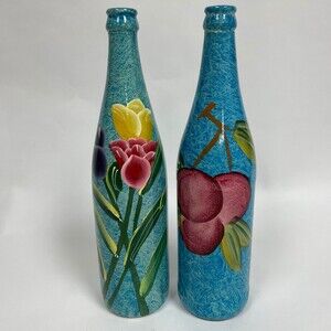 Painted Glass Bottles Floral Fruits Blue 11 1/2" Tall Lot of 2